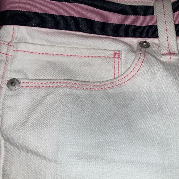 L.L. Bean White Jeans: Pink Stitching accents, Ribbon belt, Bootcut & Wider Leg - Picture 9 of 12